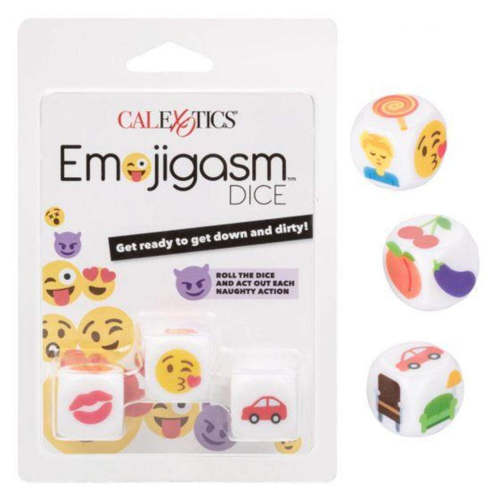 Emoji adult dice game with three acrylic dice featuring various emojis and symbols.