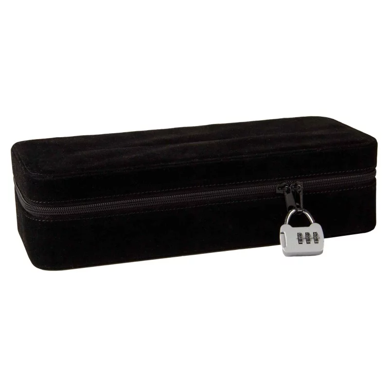Black velvet storage case with a digital combination lock.
