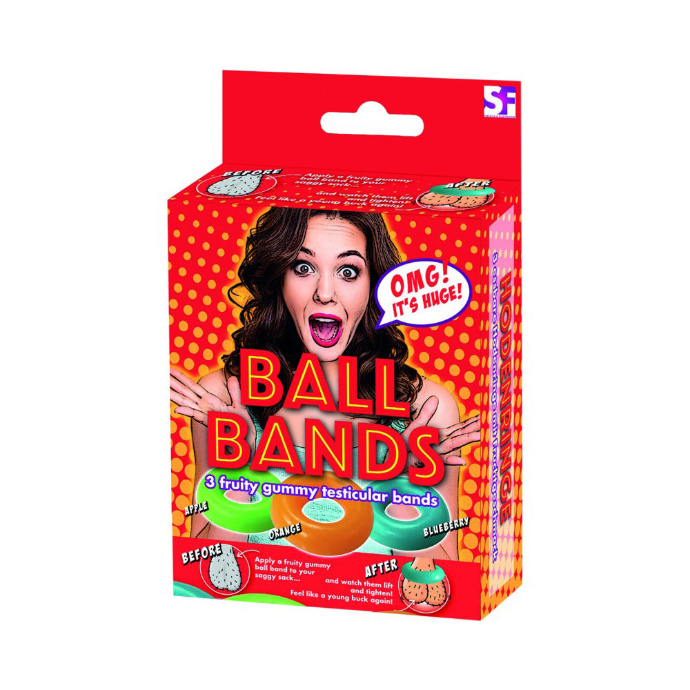 Box of "Ball Bands" edible gummy cock rings in apple, orange, and blueberry flavors.