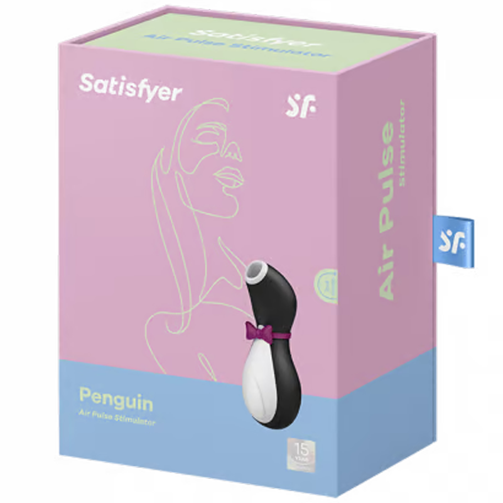 Satisfyer Penguin Air-Pulse Clitoral Stimulator on a pink and blue box.