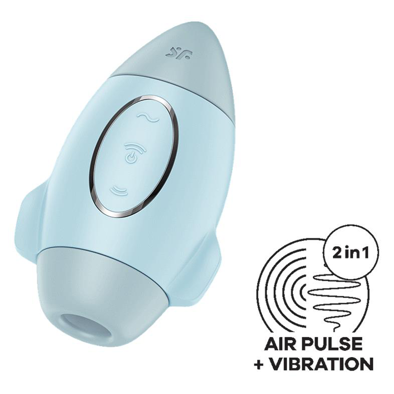 A light blue rocket-shaped air pulse vibrator with buttons and a "2 in 1 Air Pulse + Vibration" icon.