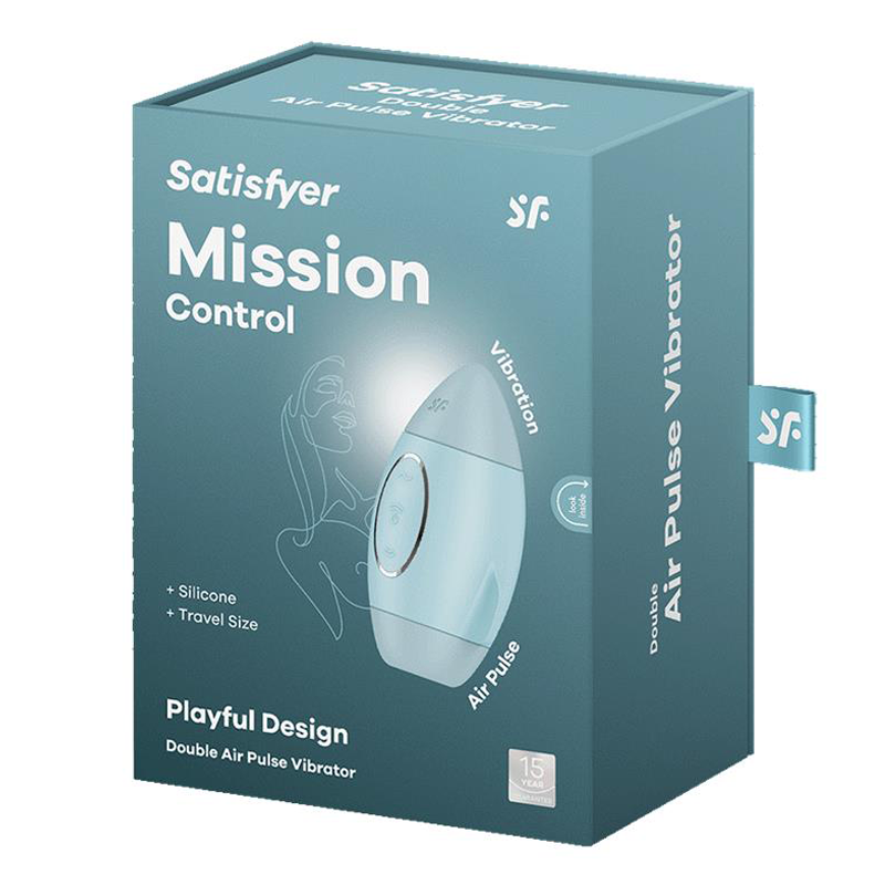 Satisfyer Mission Control Air Pulse Vibrator, teal, with silicone and travel size features.