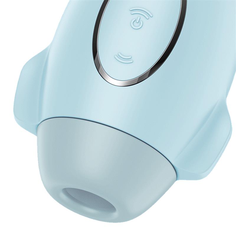Light blue air pulse vibrator with power and intensity buttons.