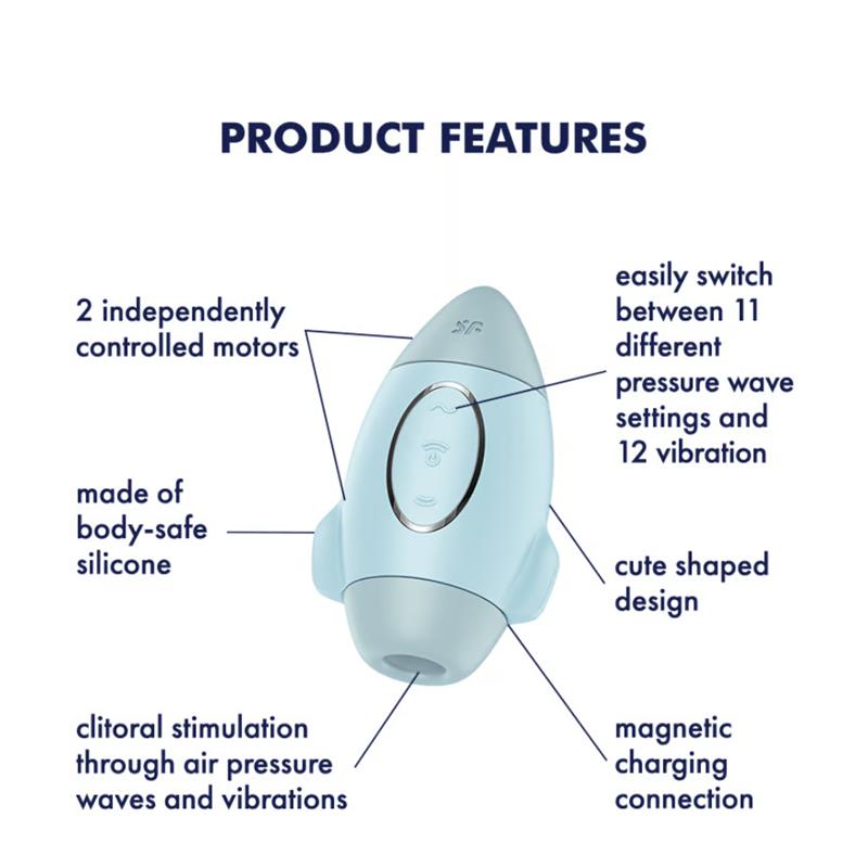 A light blue rocket-shaped clitoral stimulator with product features listed.