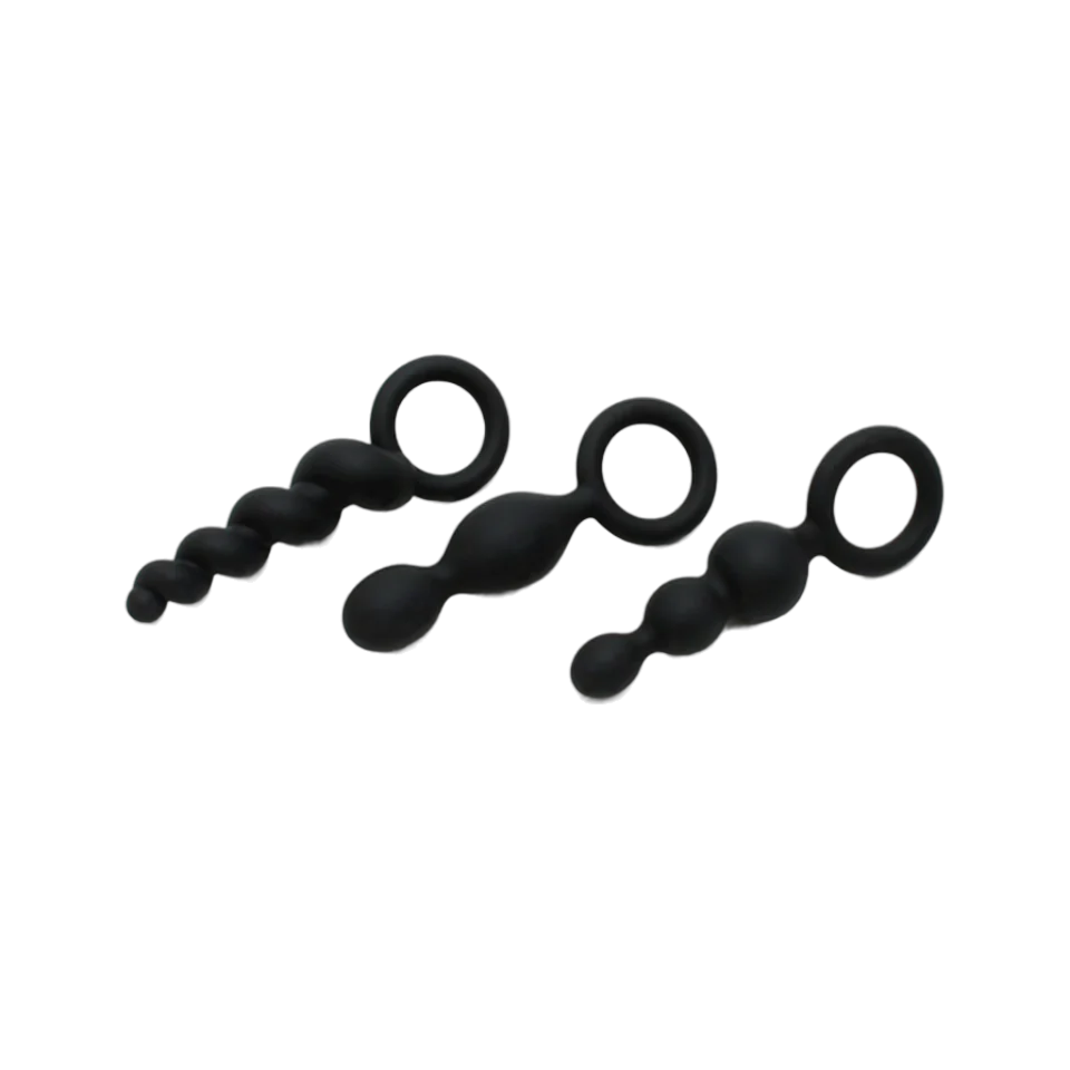 Three black silicone anal plugs with ring handles.