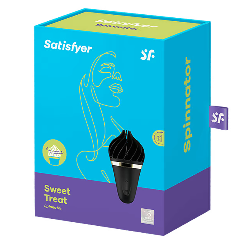 Satisfyer Sweet Treat rotating clitoral vibrator in black on a blue and purple box.