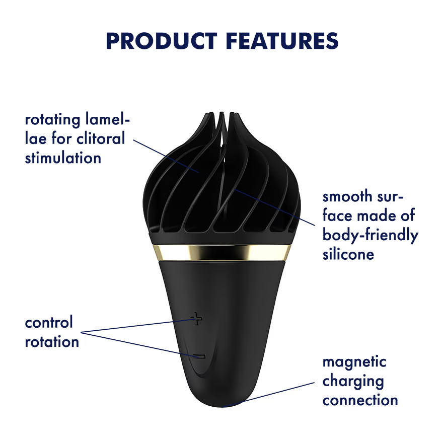 Black clitoral vibrator with rotating lamellae, smooth silicone, and magnetic charging.