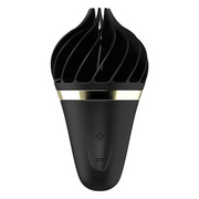 Black clitoral vibrator with rotating fins and gold band.