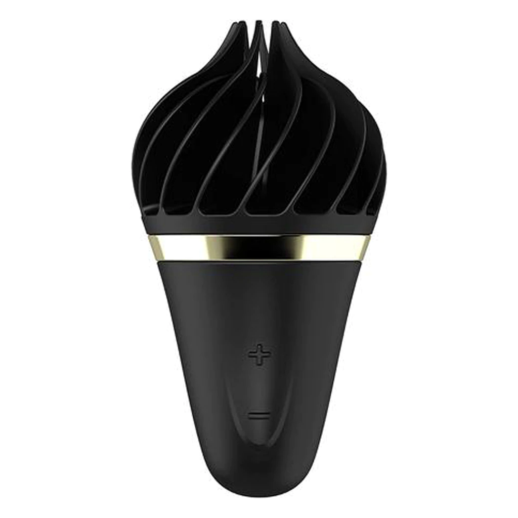 Black clitoral vibrator with rotating fins and gold band.