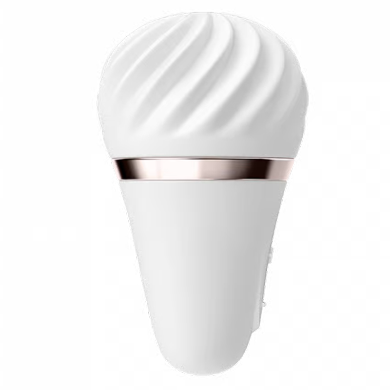 White waterproof clitoral vibrator with a textured head and rose gold band.