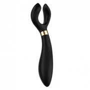 Black silicone multi-vibrator with a gold band and a curved head.