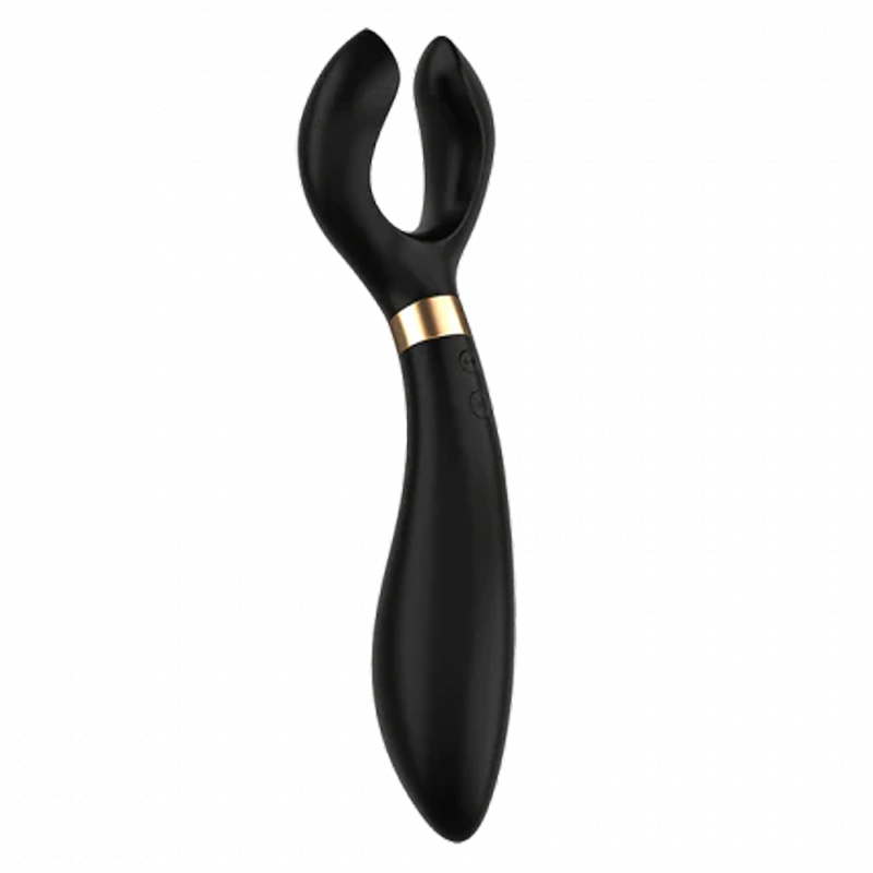Black silicone multi-vibrator with a gold band and a curved head.