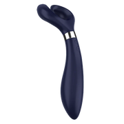Blue rotating silicone vibrator with silver band and two buttons.