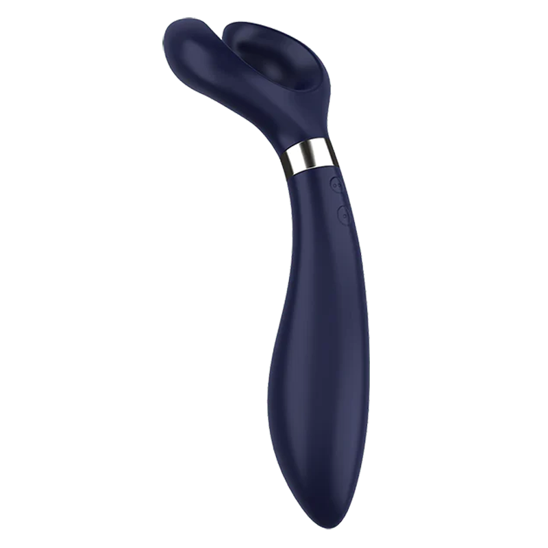 Blue rotating silicone vibrator with silver band and two buttons.