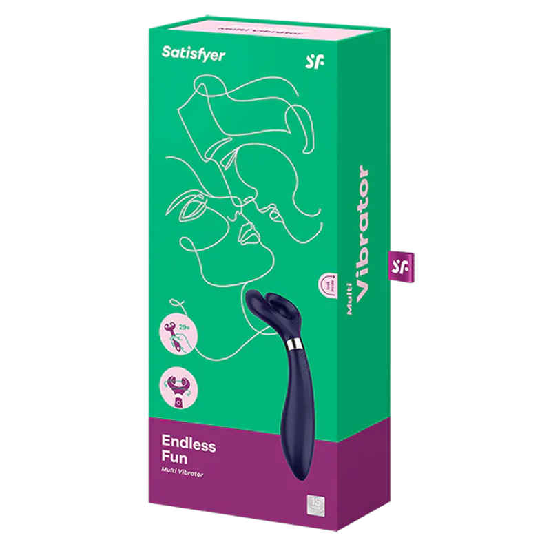 Satisfyer Endless Fun blue multi-vibrator on a green and purple box.