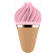 Pink ice cream cone shaped clitoral vibrator with rotating ribs.