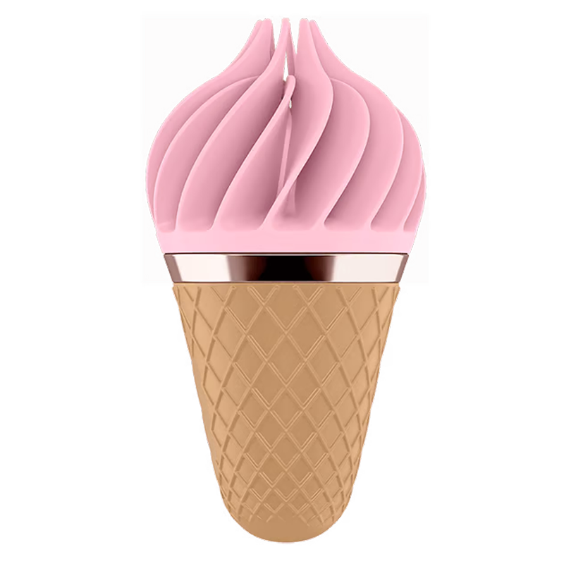 Pink ice cream cone shaped clitoral vibrator with rotating ribs.