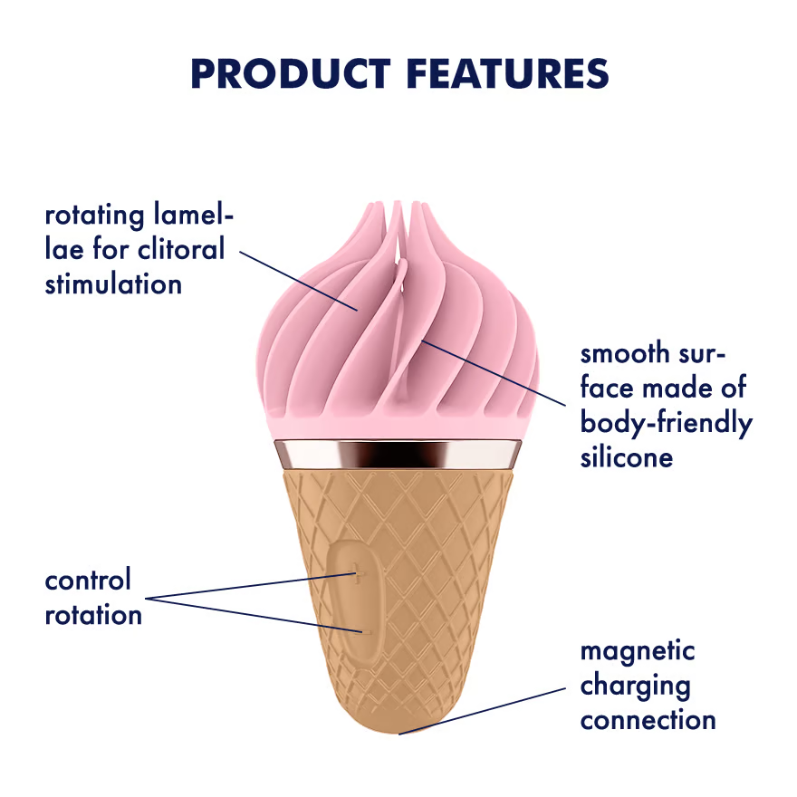 A pink ice cream cone shaped clitoral vibrator with rotating lamellae.
