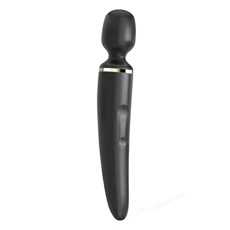 Black wand massager with gold accent and control buttons.