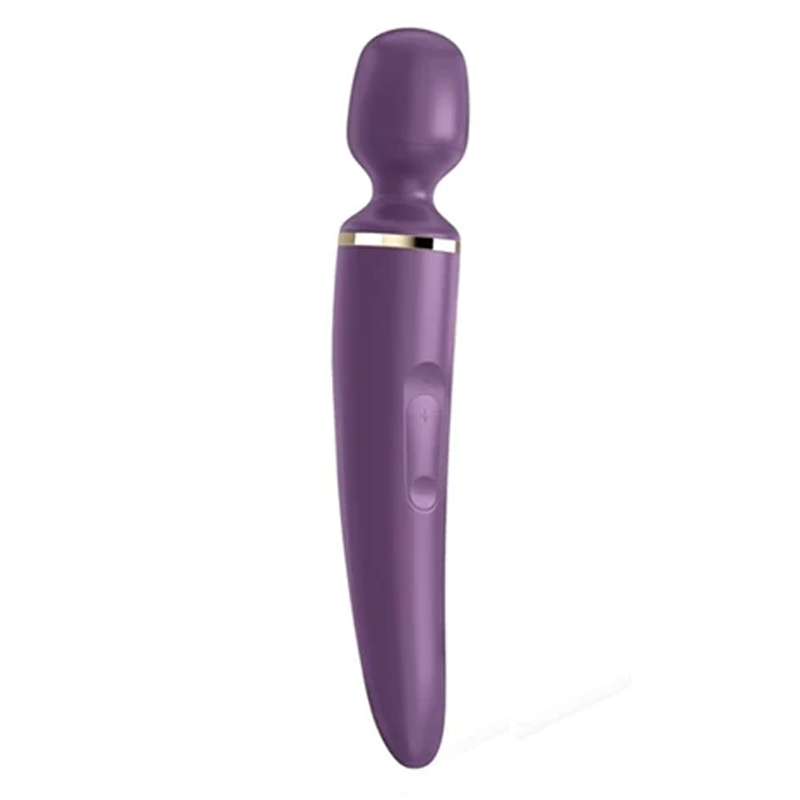 Purple wand massager with gold accent and control buttons.