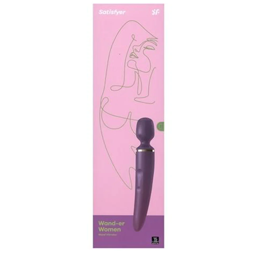 Satisfyer Wand-er Women massager in purple on a pink box with line art.