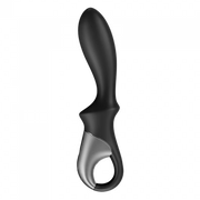 A black and silver anal vibrator with a curved tip and a loop.