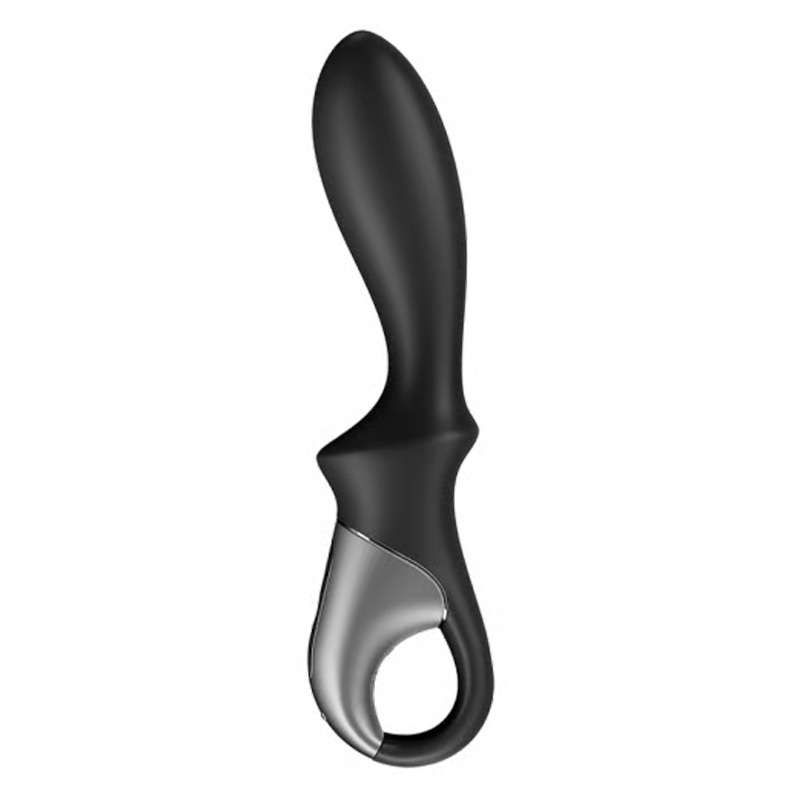 A black and silver anal vibrator with a curved tip and a loop.