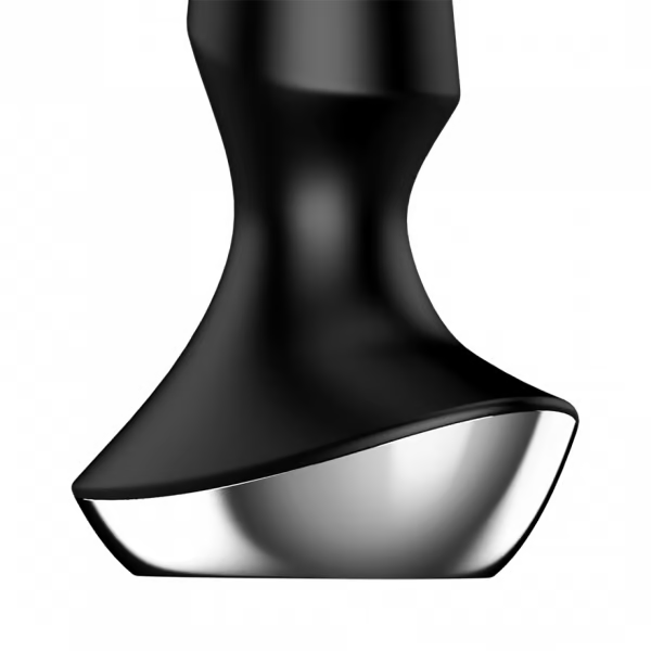Black and silver vibrating anal plug with a conical shape.