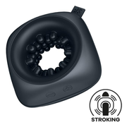 Satisfyer vibrating ring stroker made of black silicone with textured interior.
