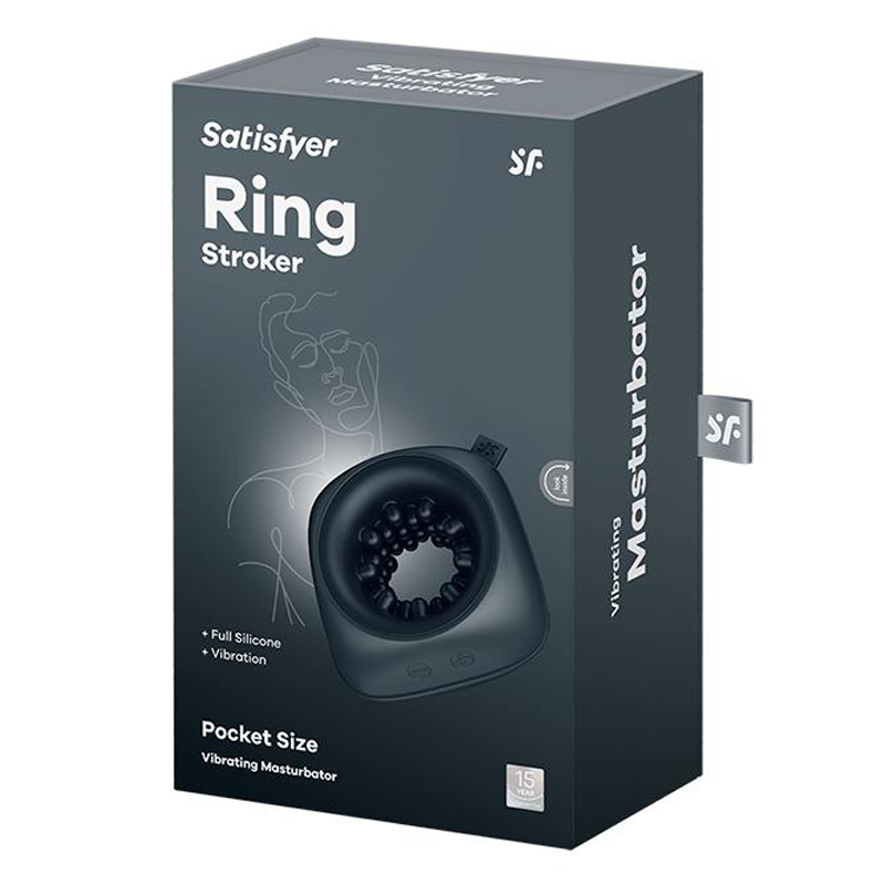 Satisfyer Ring Stroker vibrating masturbator in its packaging.