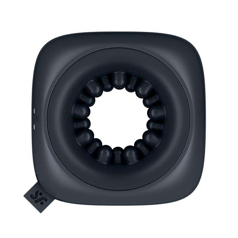 Satisfyer vibrating ring stroker made of black silicone with a textured interior.
