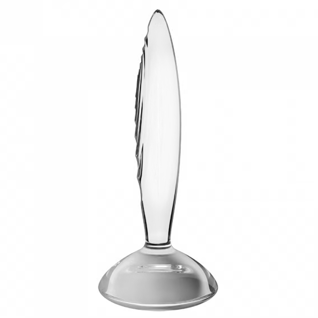 Clear glass anal plug with a flared base and textured edge.