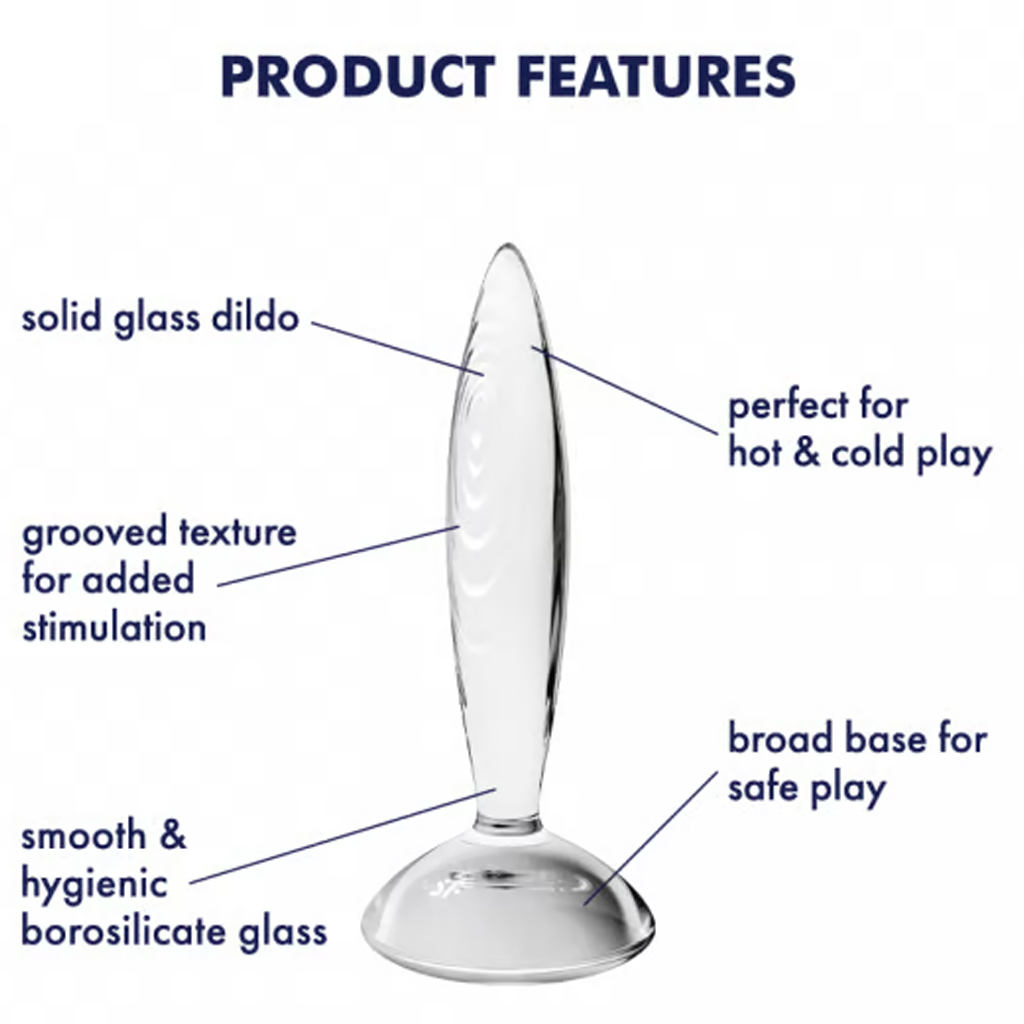 A clear glass anal plug with a grooved texture and broad base.