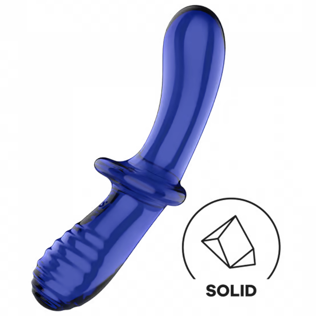 Blue glass dildo with a ribbed end and a flared base.