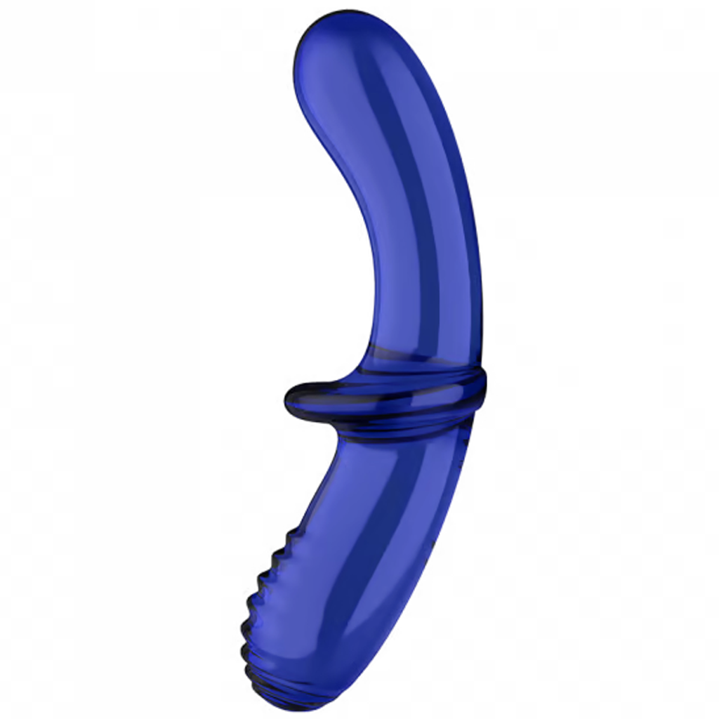 Blue curved glass dildo with ribbed texture and a flared base.