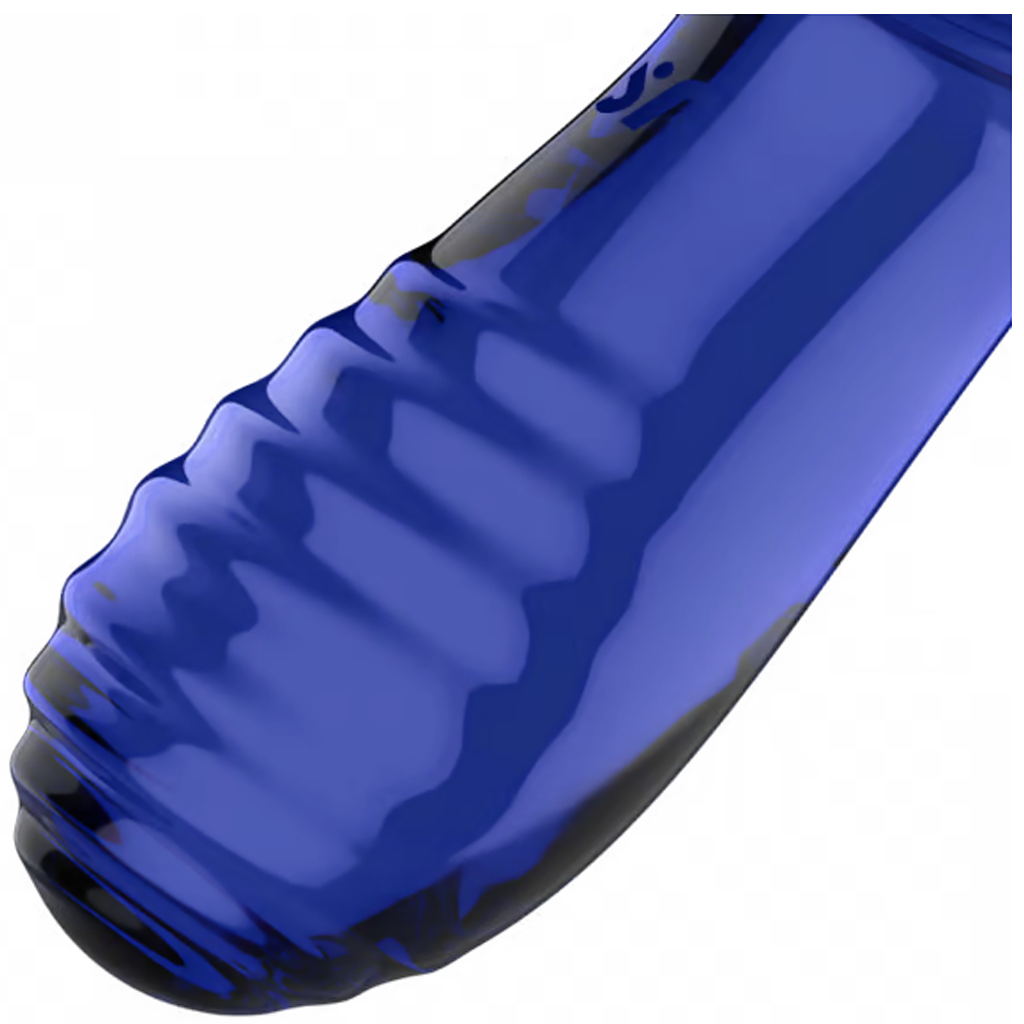 Blue glass dildo with a ribbed texture and a smooth upper section.
