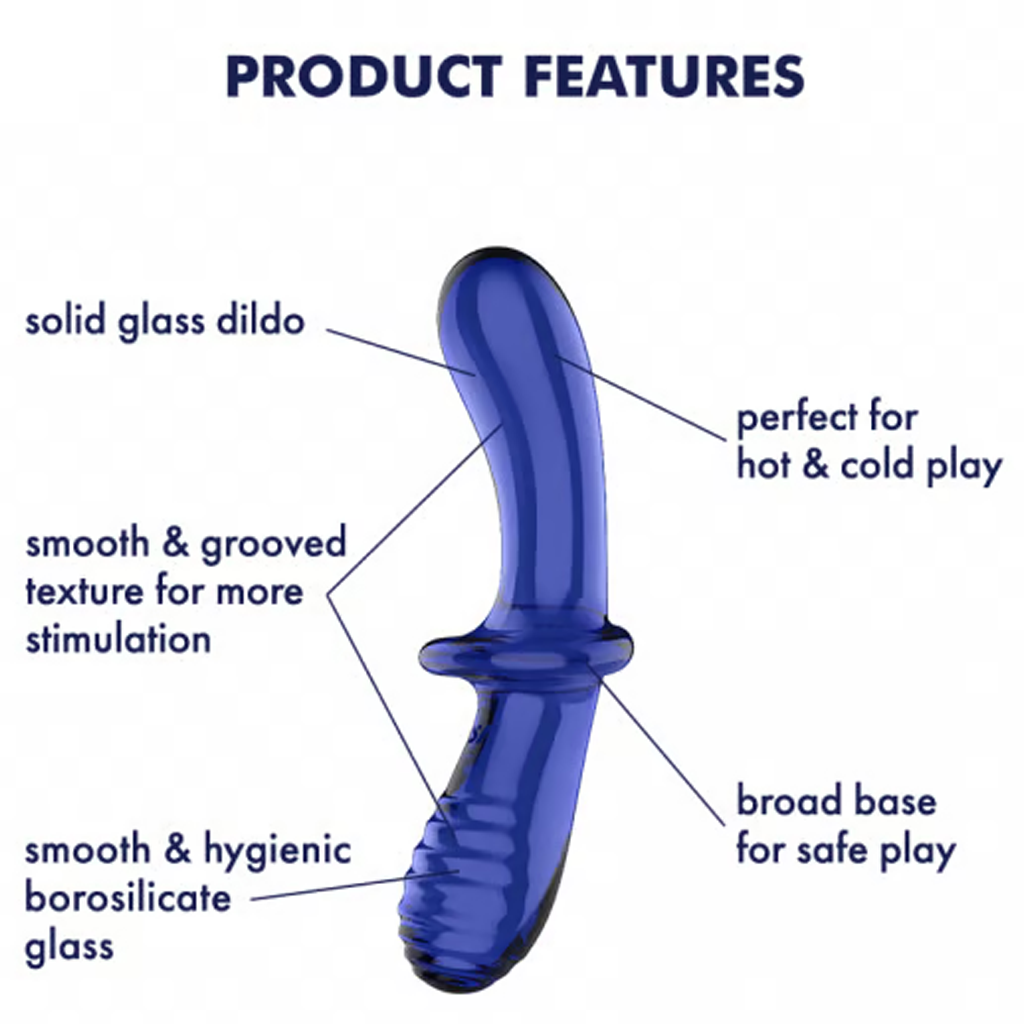 A blue glass dildo with a broad base, smooth and grooved textures, and a curved shape.