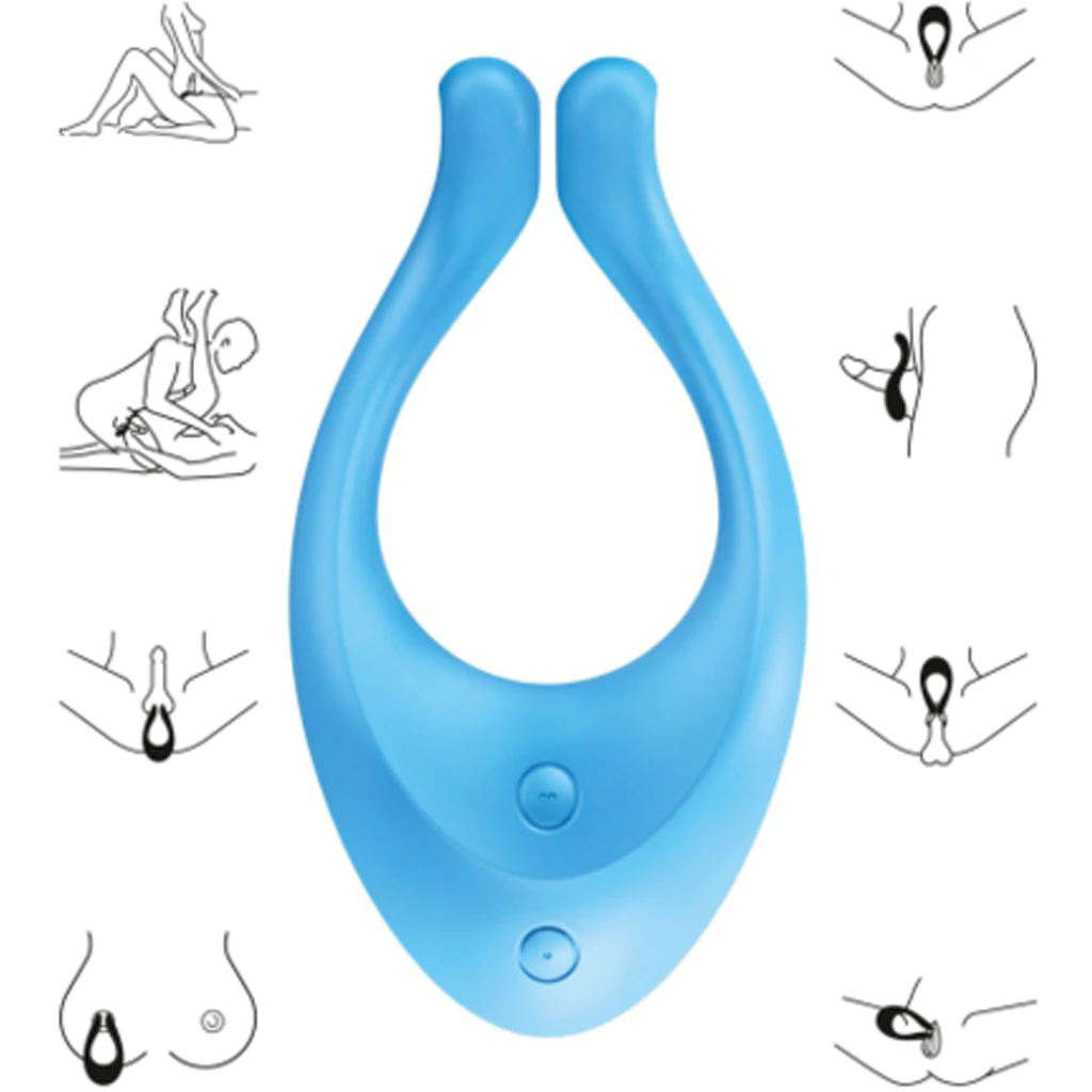 Blue silicone couples vibrator with multiple stimulation diagrams.