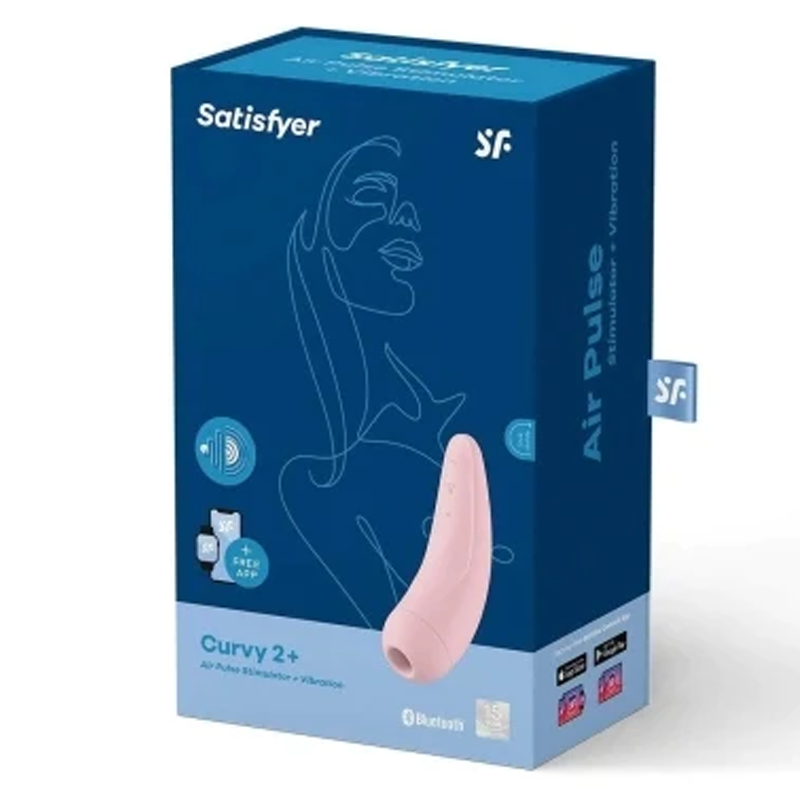 Satisfyer Curvy 2+ app-controlled clitoral vibrator in pink on a blue box.