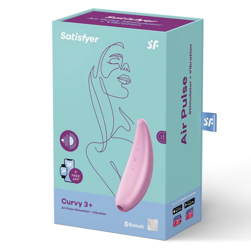 Satisfyer Curvy 3+ pink app-controlled air-pulse clitoral vibrator on its packaging.