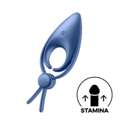 Blue vibrating silicone cock ring with an adjustable loop and power button.
