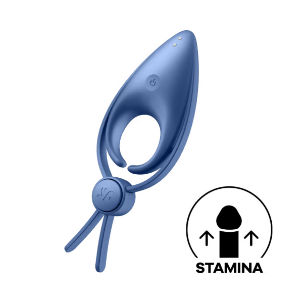 Blue vibrating silicone cock ring with an adjustable loop and power button.