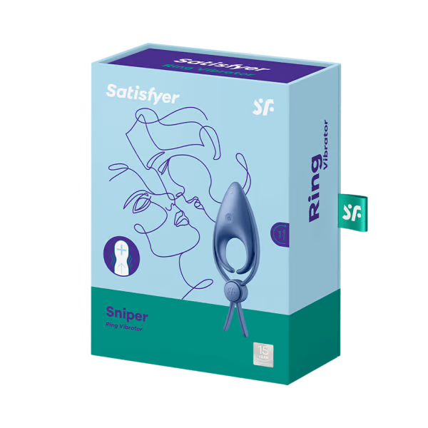 Satisfyer Sniper vibrating ring with adjustable loop on a light blue box.