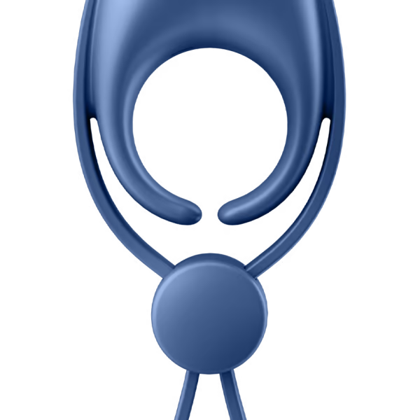 Blue silicone cock ring with a circular opening and two dangling loops.