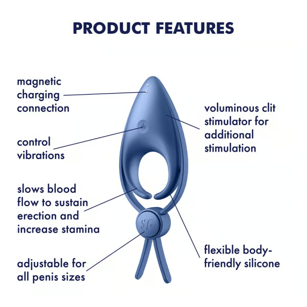 Blue vibrating cock ring with clitoral stimulator and adjustable loop.