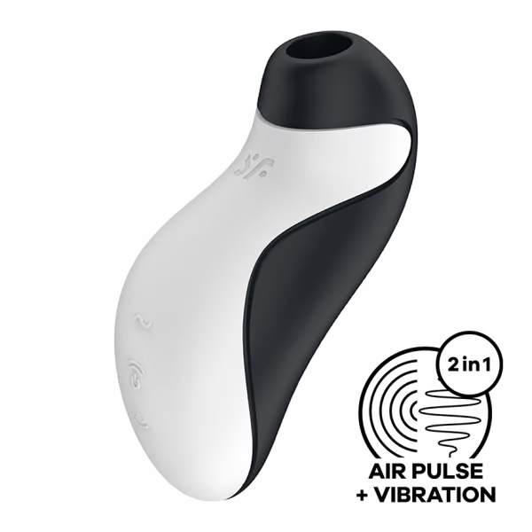 Satisfyer Orca dual air pulse clitoral vibrator in white and black silicone.