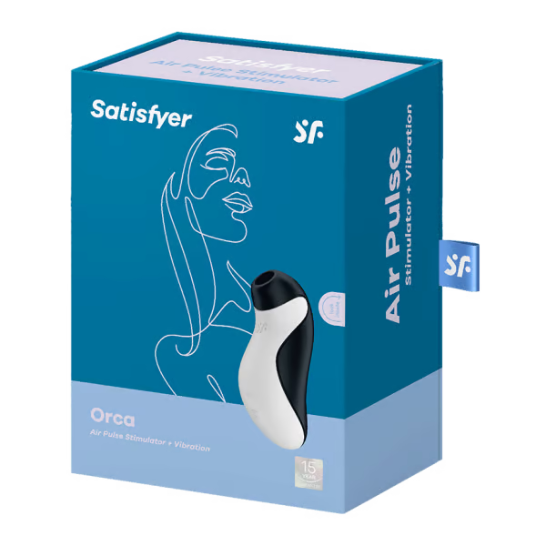 Satisfyer Orca dual air pulse clitoral vibrator in black and white on a blue box.