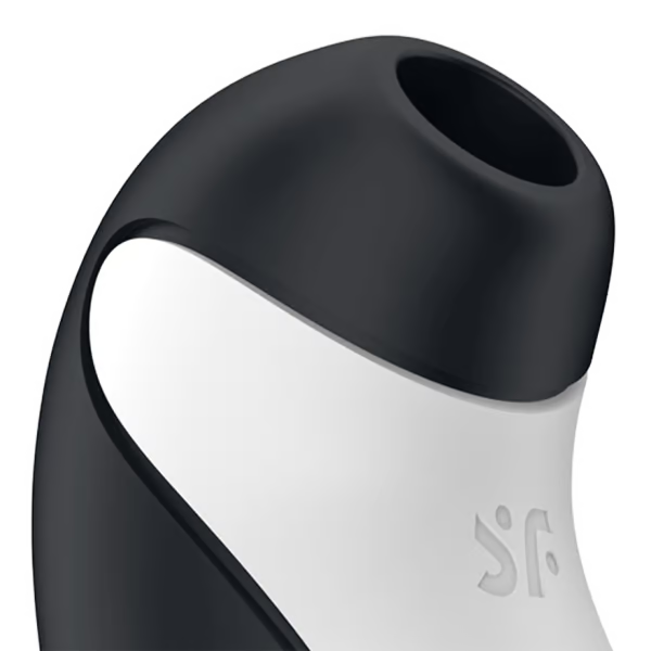 Satisfyer Orca clitoral vibrator in black and white with a logo.