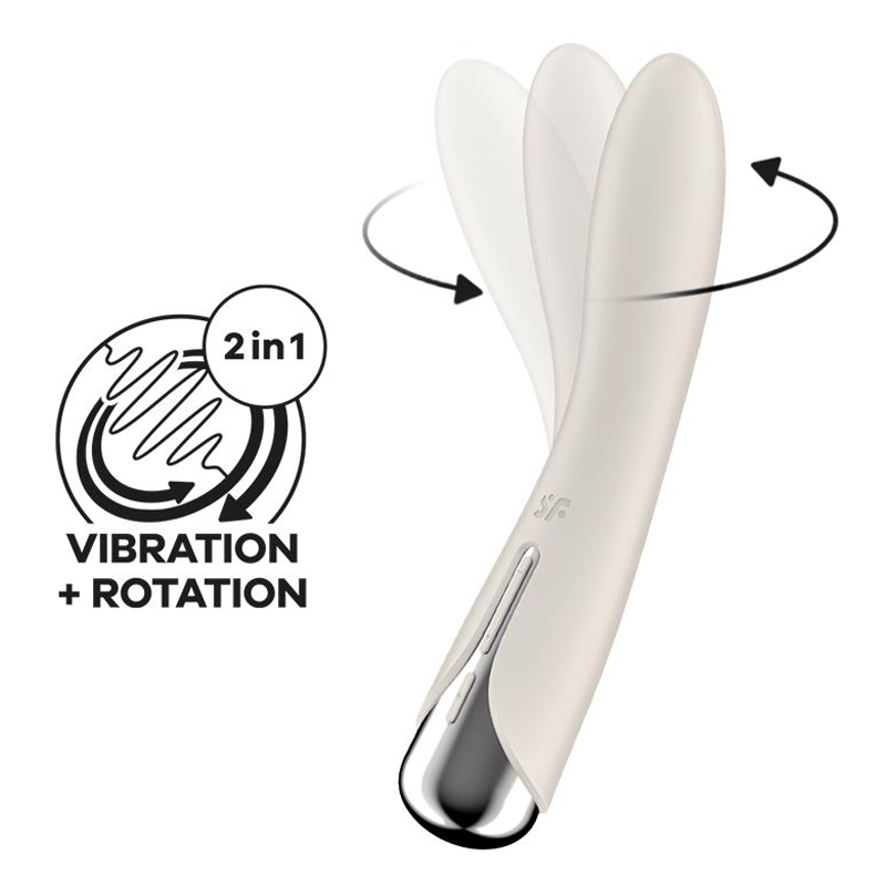 A beige rotating and vibrating G-spot vibrator with a circular icon indicating vibration and rotation.