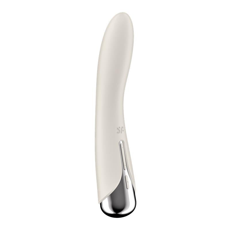 A white rotating G-spot vibrator with a silver tip.